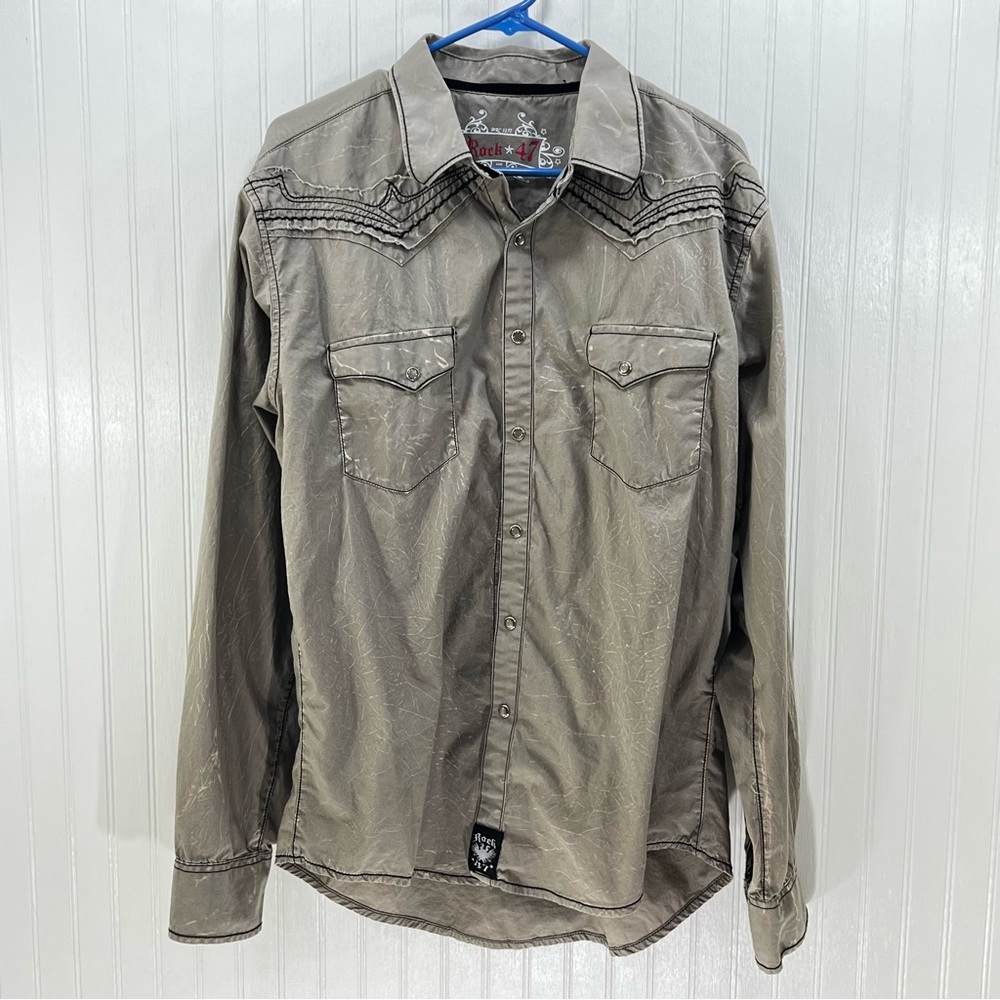 Wrangler Rock 47 Men's Size L Pearl Snap Shirt Bull Skull Western Taupe